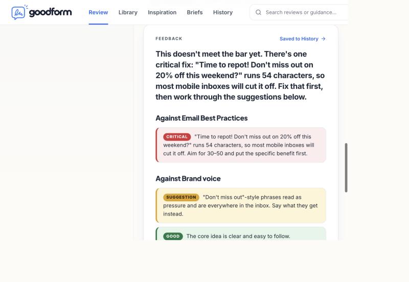The goodform review page showing feedback on a subject line, with a critical note, a suggestion and something done well